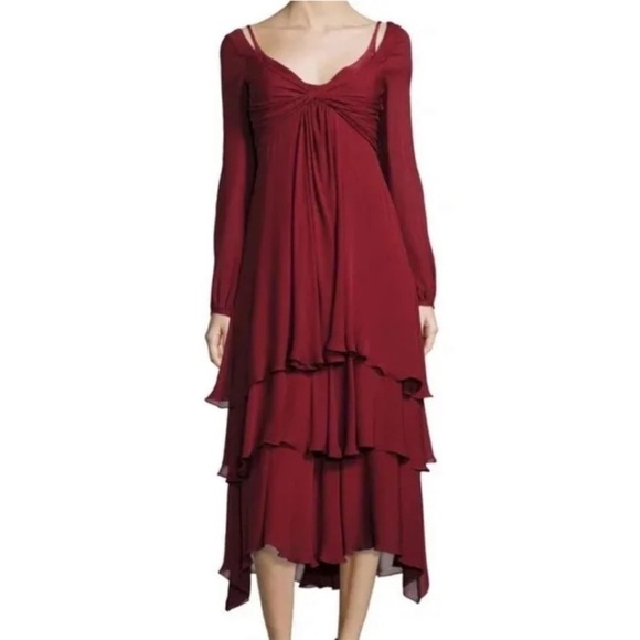 Cinq a’ Sept Fira Tiered Silk Dress Flowy Bishop Sleeves  in Pomegranate Red - Picture 11 of 12